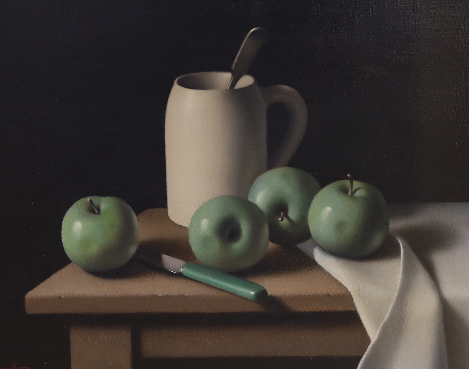 Christopher Cawthorne (20th C.), oil on canvas, Still life of apples and a mug upon a table top, signed, 40 x 50cm